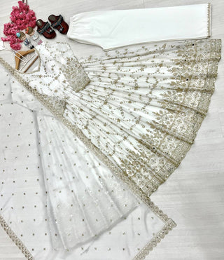 White Embroidery Silk Anarkali Gown ClothsVilla