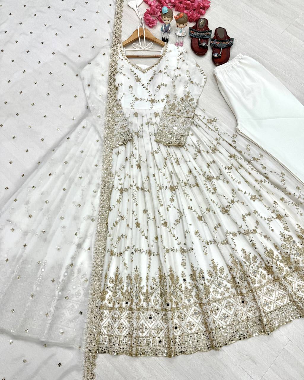 White Embroidery Silk Anarkali Gown ClothsVilla