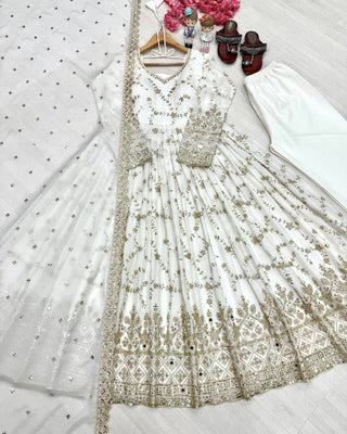 White Embroidery Silk Anarkali Gown ClothsVilla