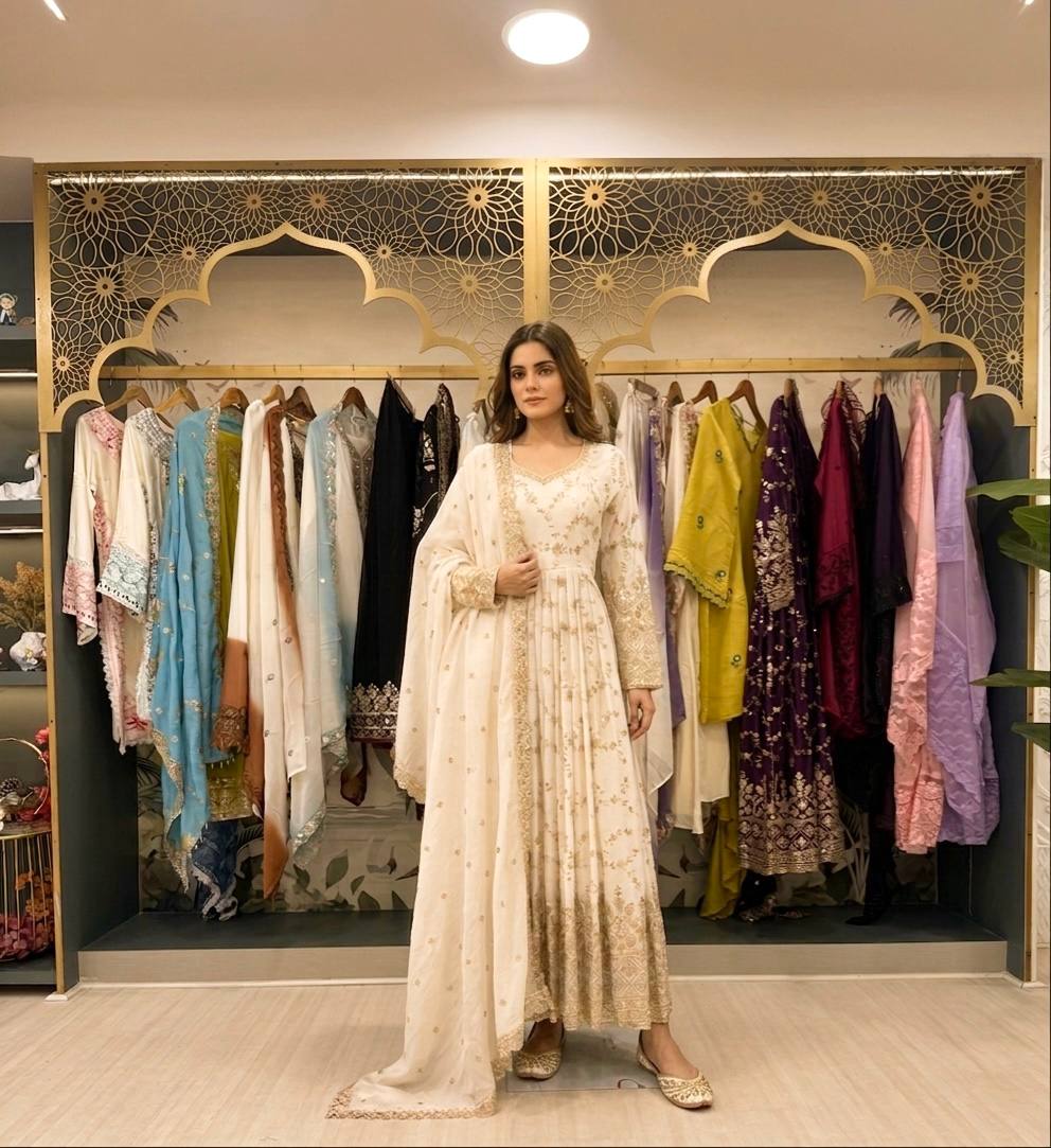 White Embroidery Silk Anarkali Gown ClothsVilla