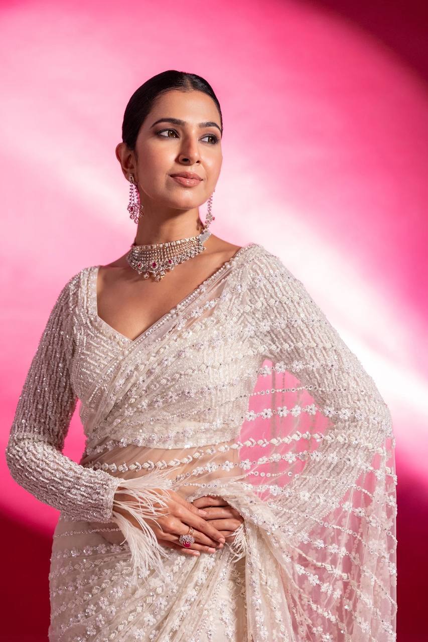 White Eternal Elegance Sparkling Net Saree with Rainbow Sequins ClothsVilla