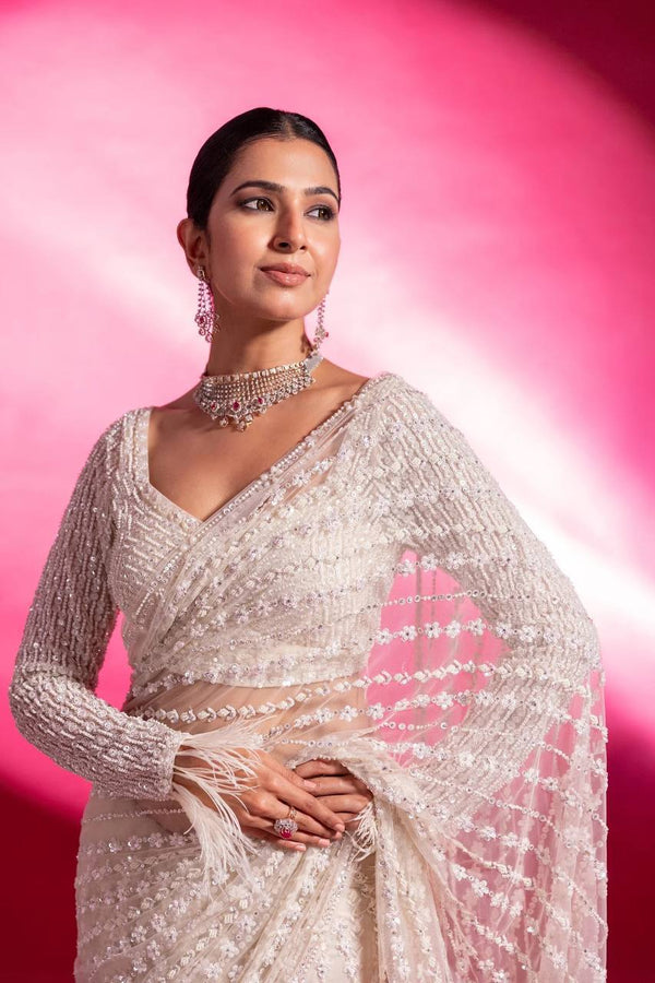 White Eternal Elegance Sparkling Net Saree with Rainbow Sequins ClothsVilla