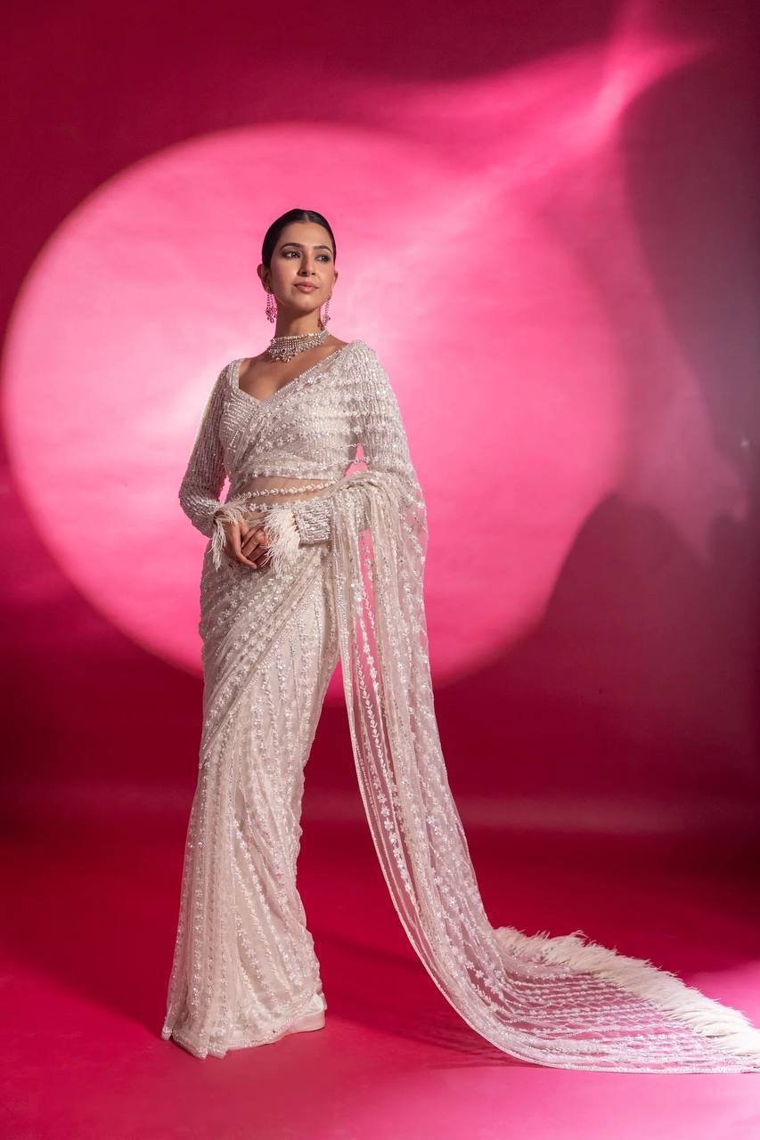 White Eternal Elegance Sparkling Net Saree with Rainbow Sequins ClothsVilla