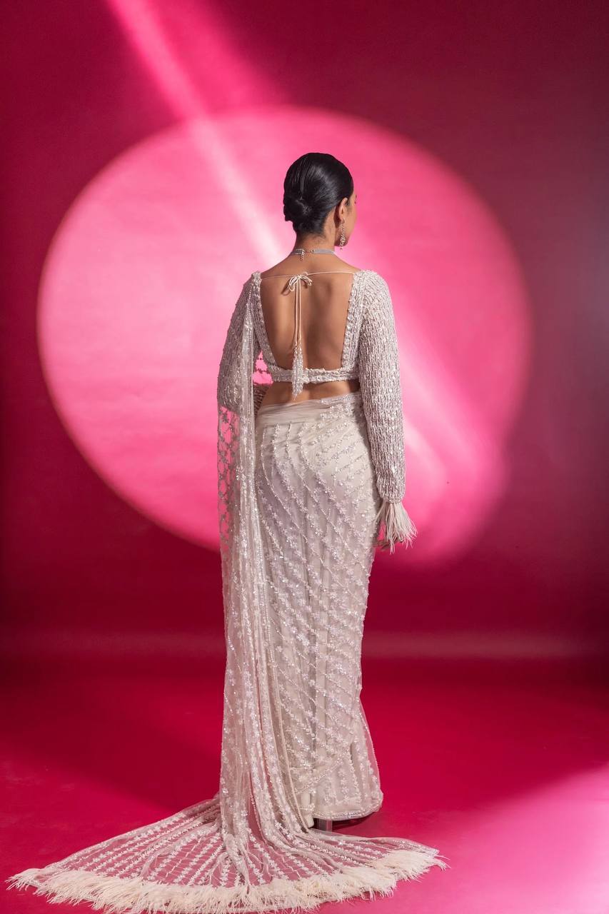 White Eternal Elegance Sparkling Net Saree with Rainbow Sequins ClothsVilla