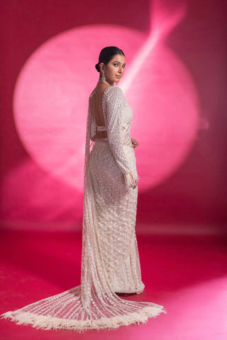 White Eternal Elegance Sparkling Net Saree with Rainbow Sequins ClothsVilla