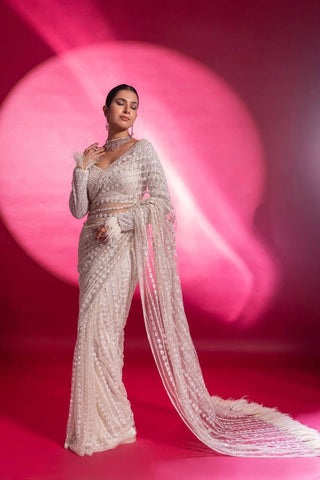 White Eternal Elegance Sparkling Net Saree with Rainbow Sequins ClothsVilla