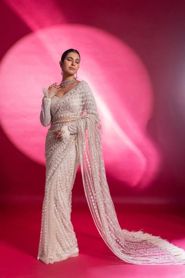 White Eternal Elegance Sparkling Net Saree with Rainbow Sequins ClothsVilla