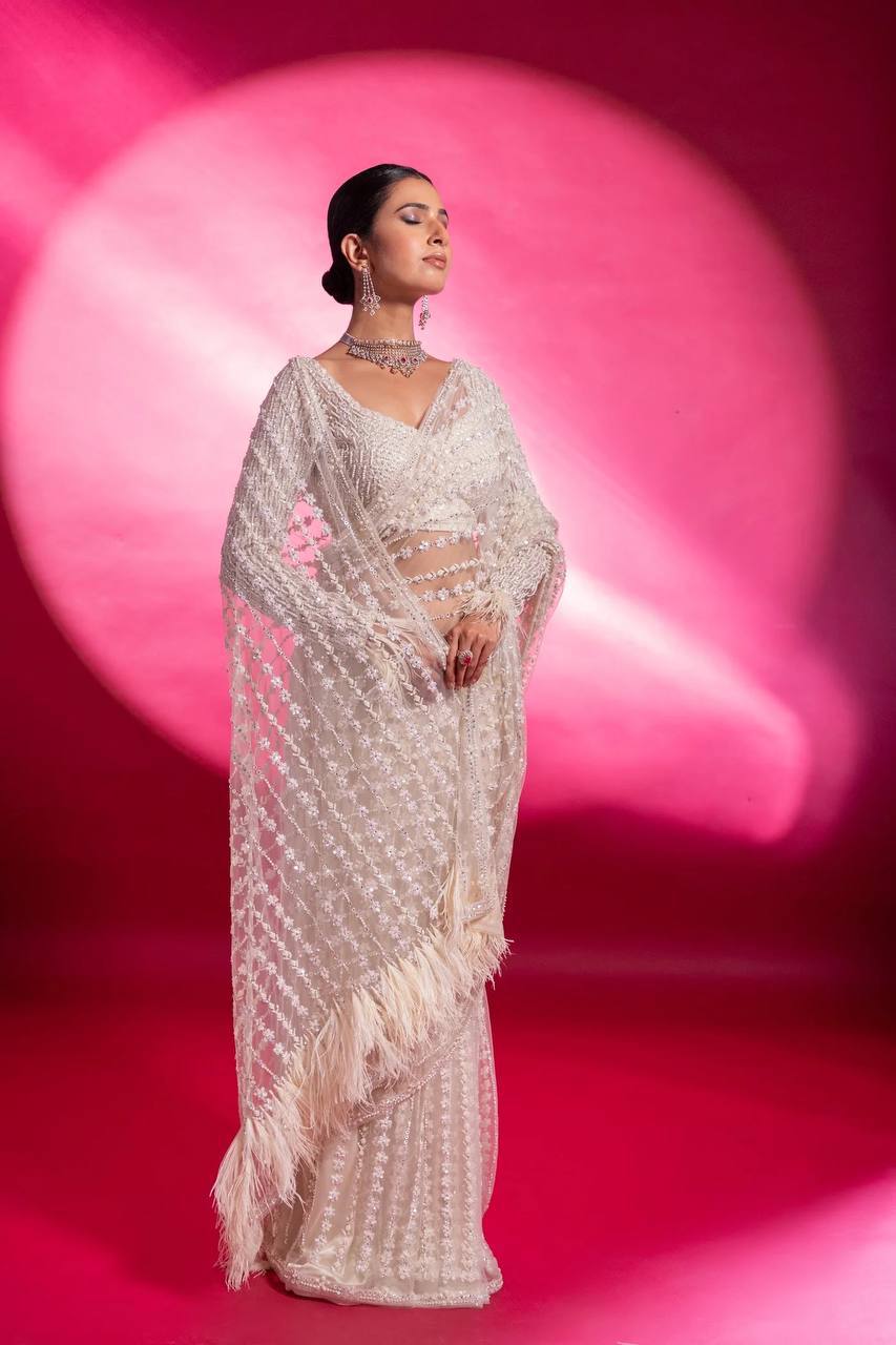 White Eternal Elegance Sparkling Net Saree with Rainbow Sequins ClothsVilla