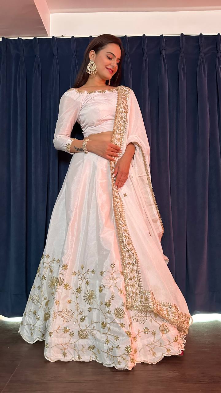 White Ethereal Beauty – Slub Silk Zari & Sequin Lehenga Set ClothsVilla