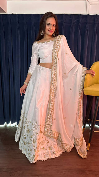 White Ethereal Beauty – Slub Silk Zari & Sequin Lehenga Set ClothsVilla