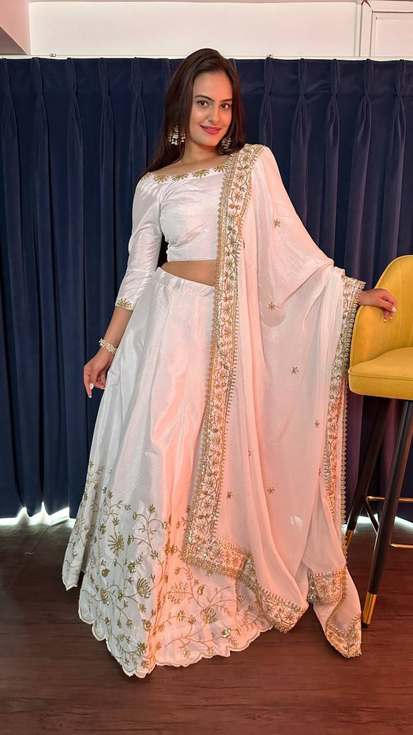 White Ethereal Beauty – Slub Silk Zari & Sequin Lehenga Set ClothsVilla