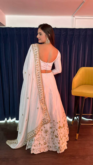 White Ethereal Beauty – Slub Silk Zari & Sequin Lehenga Set ClothsVilla