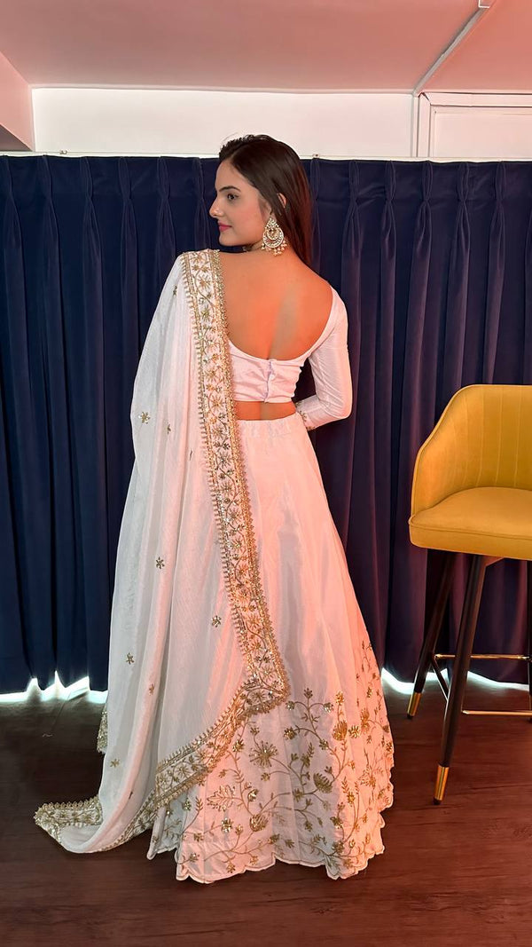 White Ethereal Beauty – Slub Silk Zari & Sequin Lehenga Set ClothsVilla