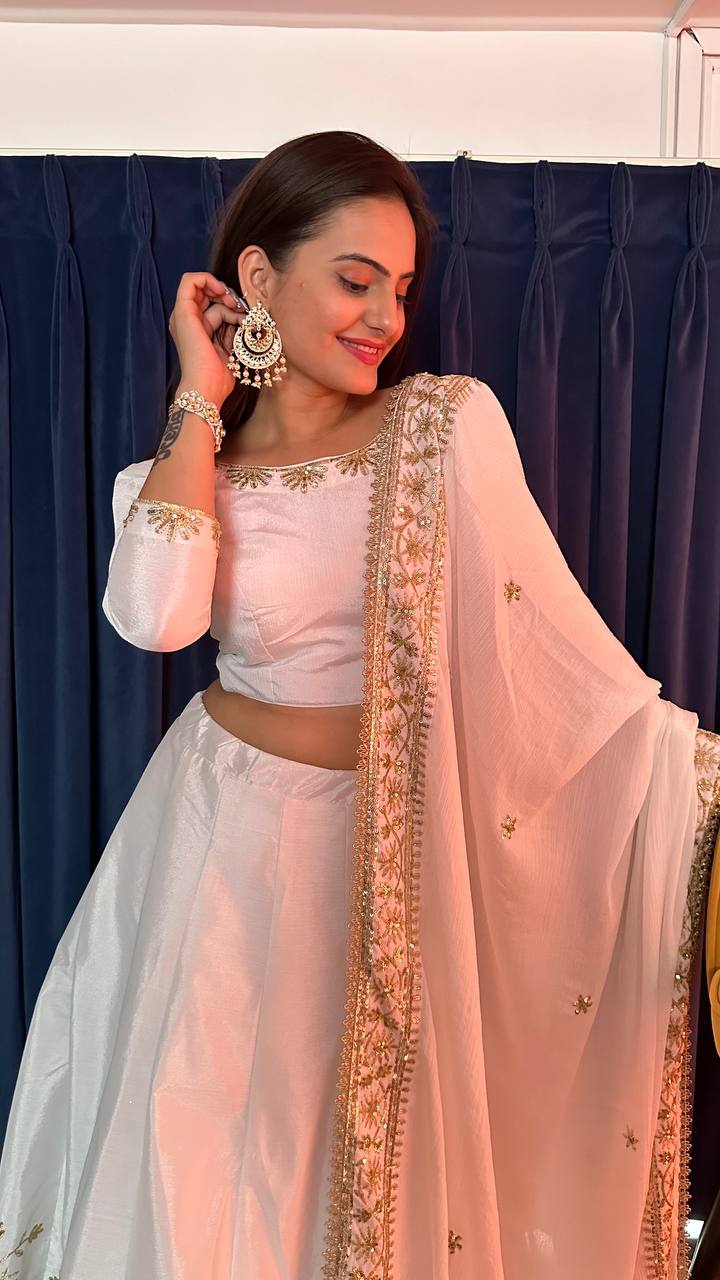 White Ethereal Beauty – Slub Silk Zari & Sequin Lehenga Set ClothsVilla