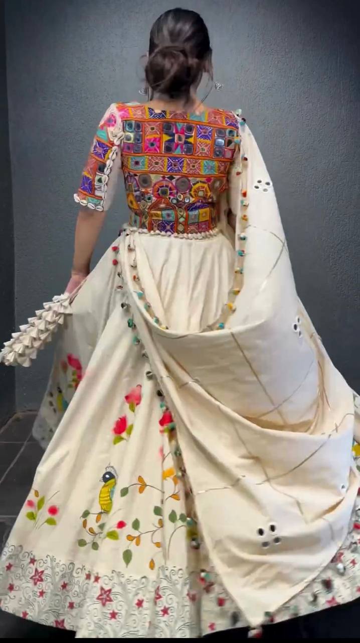 White Ethnic White Elegance Semi-Stitched Lehenga Choli Set – Premium Reyon with Real Mirror & Sequins Work ClothsVilla