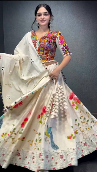 White Ethnic White Elegance Semi-Stitched Lehenga Choli Set – Premium Reyon with Real Mirror & Sequins Work ClothsVilla