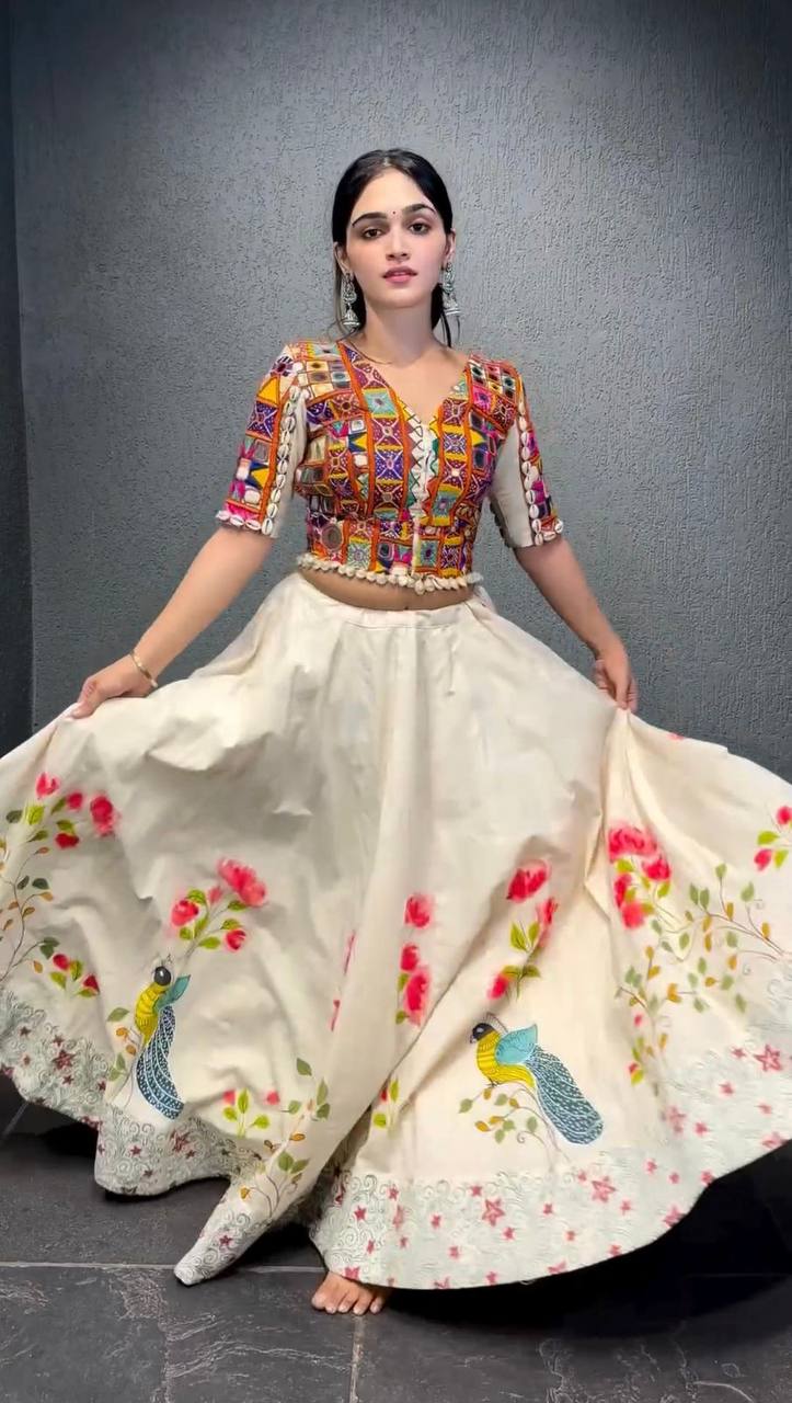 White Ethnic White Elegance Semi-Stitched Lehenga Choli Set – Premium Reyon with Real Mirror & Sequins Work ClothsVilla
