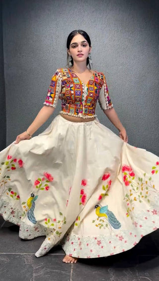 White Ethnic White Elegance Semi-Stitched Lehenga Choli Set – Premium Reyon with Real Mirror & Sequins Work ClothsVilla