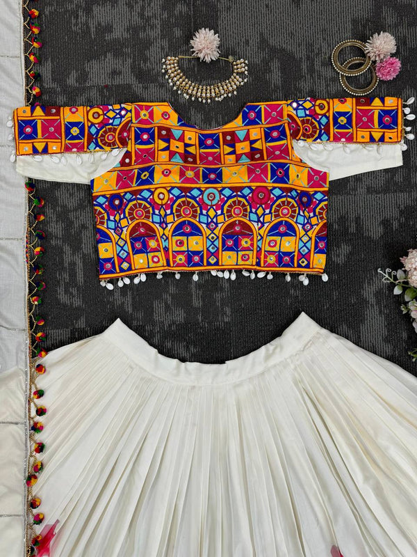 White Ethnic White Elegance Semi-Stitched Lehenga Choli Set – Premium Reyon with Real Mirror & Sequins Work ClothsVilla