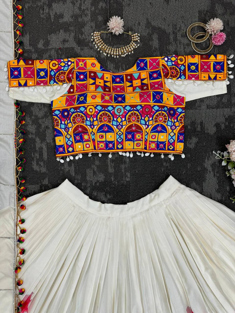 White Ethnic White Elegance Semi-Stitched Lehenga Choli Set – Premium Reyon with Real Mirror & Sequins Work ClothsVilla