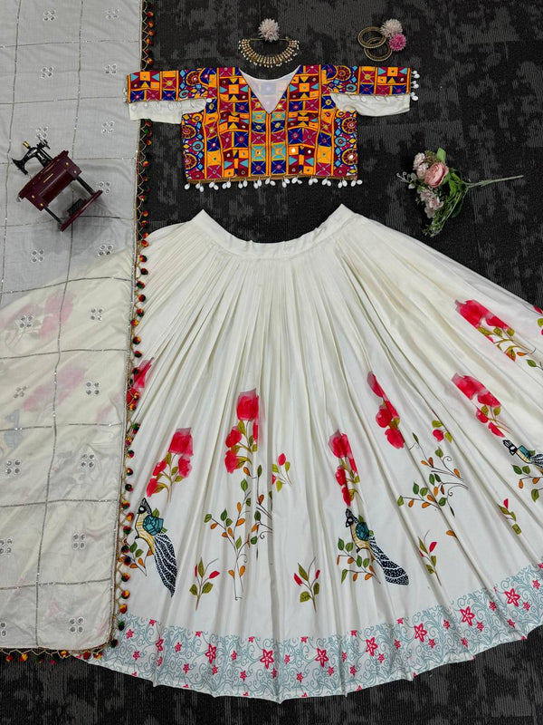 White Ethnic White Elegance Semi-Stitched Lehenga Choli Set – Premium Reyon with Real Mirror & Sequins Work ClothsVilla