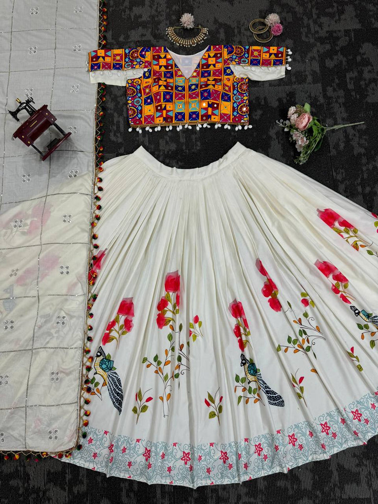 White Ethnic White Elegance Semi-Stitched Lehenga Choli Set – Premium Reyon with Real Mirror & Sequins Work ClothsVilla