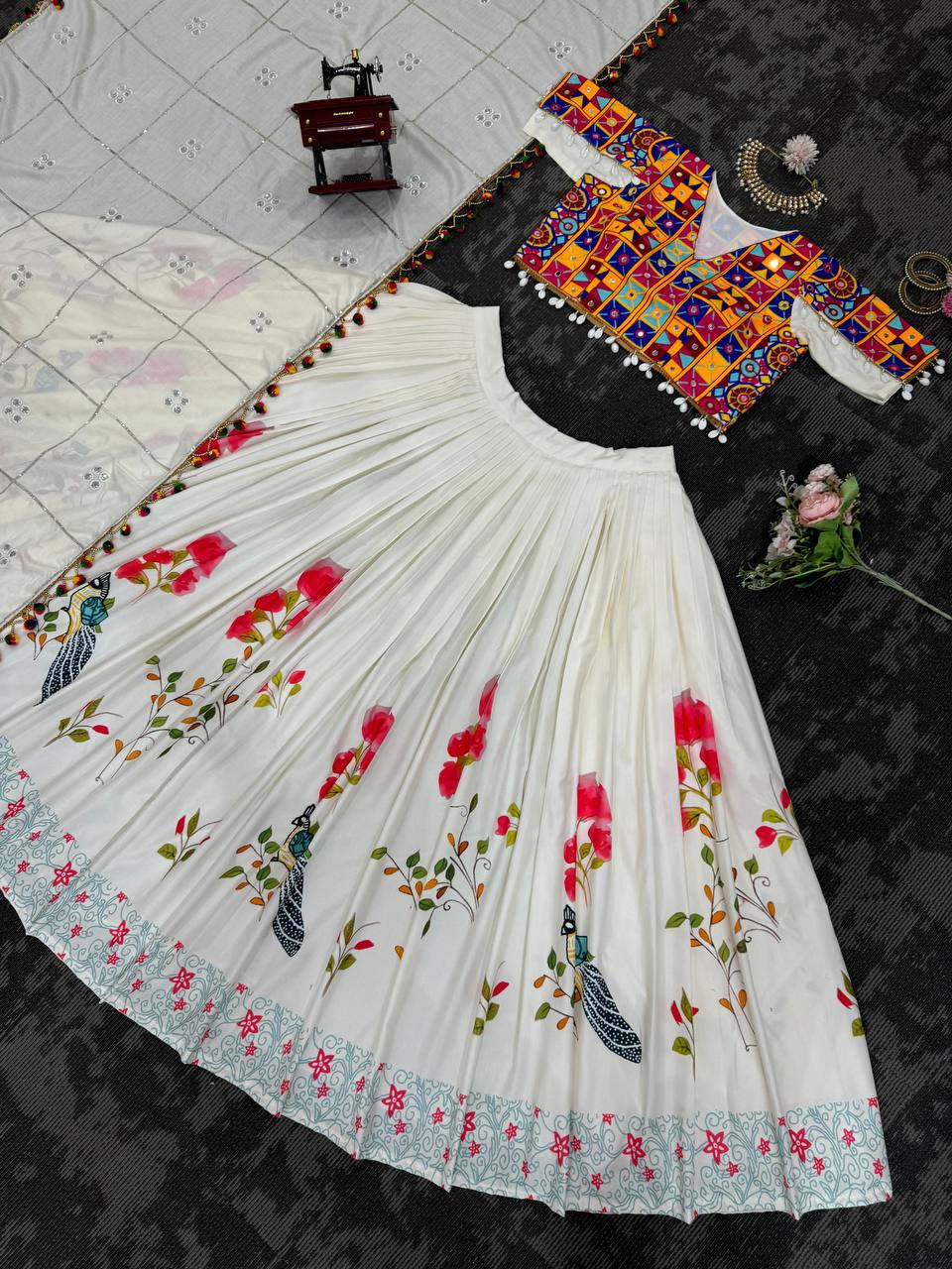 White Ethnic White Elegance Semi-Stitched Lehenga Choli Set – Premium Reyon with Real Mirror & Sequins Work ClothsVilla
