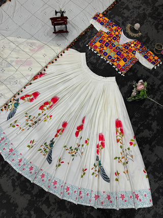 White Ethnic White Elegance Semi-Stitched Lehenga Choli Set – Premium Reyon with Real Mirror & Sequins Work ClothsVilla