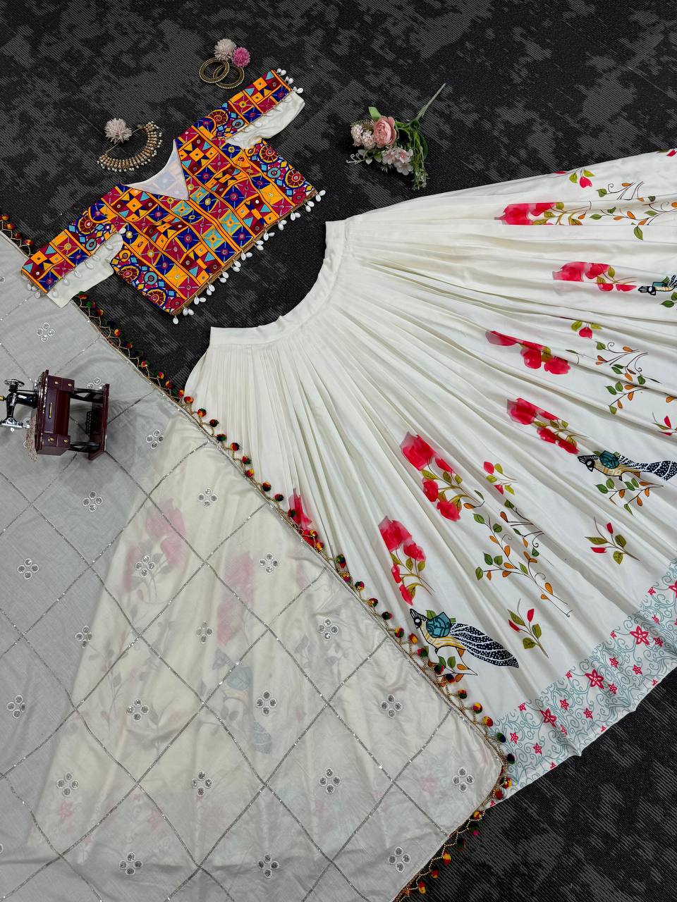 White Ethnic White Elegance Semi-Stitched Lehenga Choli Set – Premium Reyon with Real Mirror & Sequins Work ClothsVilla
