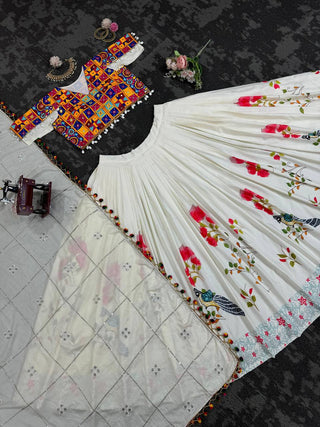 White Ethnic White Elegance Semi-Stitched Lehenga Choli Set – Premium Reyon with Real Mirror & Sequins Work ClothsVilla