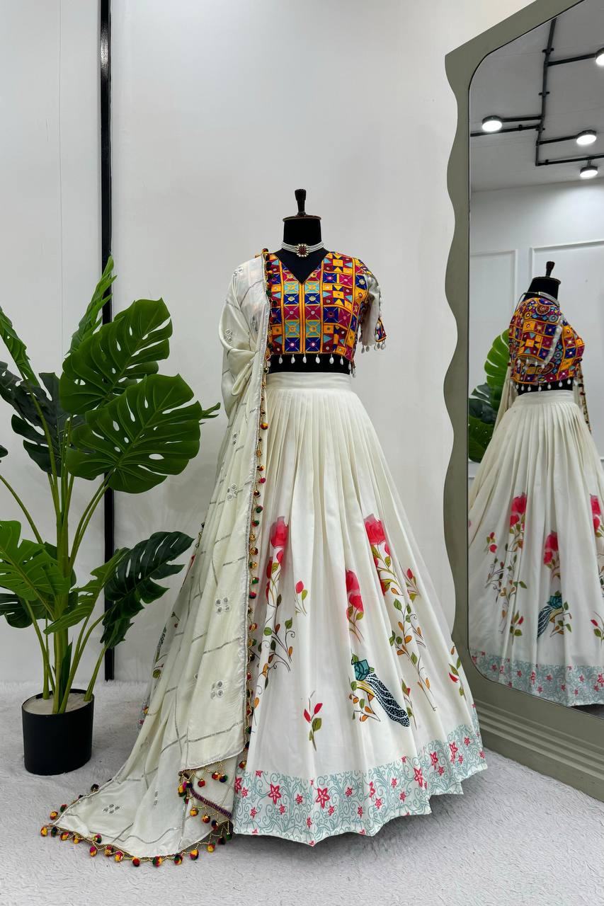 White Ethnic White Elegance Semi-Stitched Lehenga Choli Set – Premium Reyon with Real Mirror & Sequins Work ClothsVilla