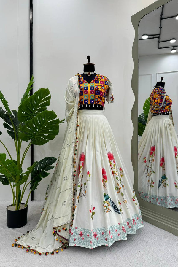 White Ethnic White Elegance Semi-Stitched Lehenga Choli Set – Premium Reyon with Real Mirror & Sequins Work ClothsVilla