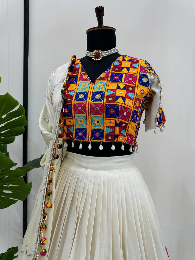 White Ethnic White Elegance Semi-Stitched Lehenga Choli Set – Premium Reyon with Real Mirror & Sequins Work ClothsVilla