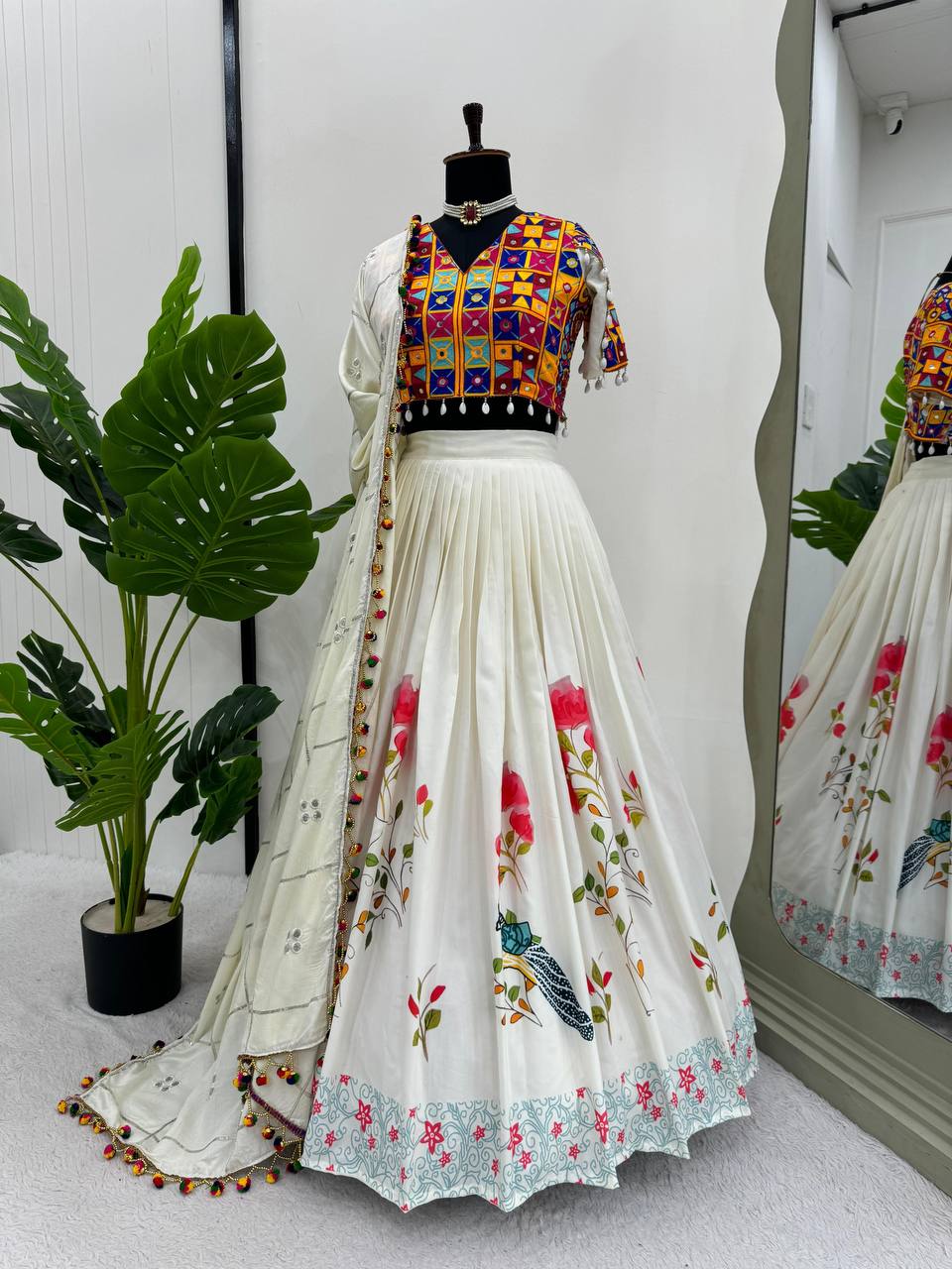 White Ethnic White Elegance Semi-Stitched Lehenga Choli Set – Premium Reyon with Real Mirror & Sequins Work ClothsVilla
