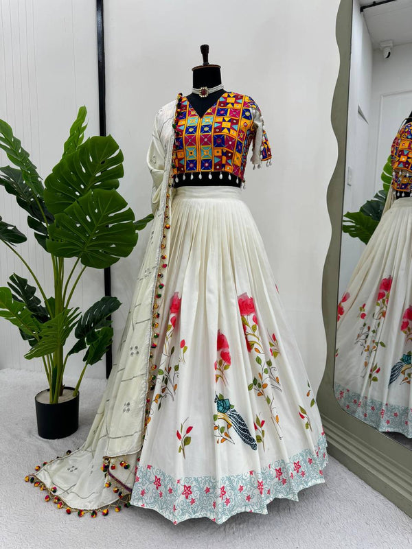 White Ethnic White Elegance Semi-Stitched Lehenga Choli Set – Premium Reyon with Real Mirror & Sequins Work ClothsVilla