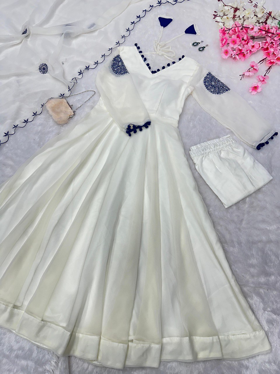 White Exclusive Georgette Anarkali Set with Mirror Work Eid Special Clothsvilla Main image