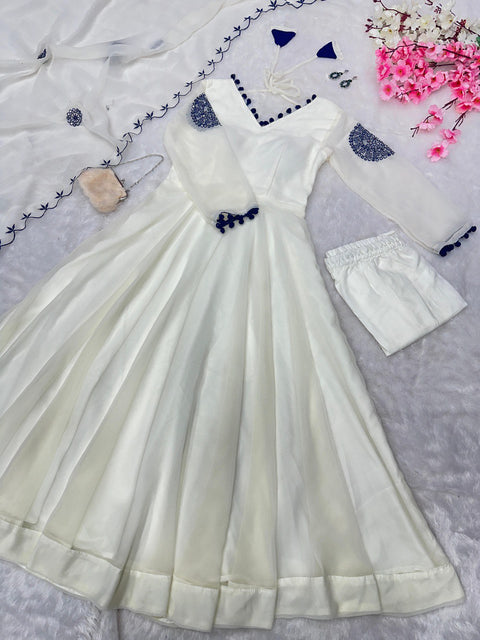 White Exclusive Georgette Anarkali Set with Mirror Work Eid Special Clothsvilla Main image