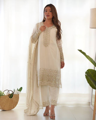 White Exquisite Pure Chinon Silk Kurta Set with Dupatta – Embroidered & Ready to Wear