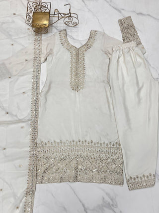 White Exquisite Pure Chinon Silk Kurta Set with Dupatta – Embroidered & Ready to Wear