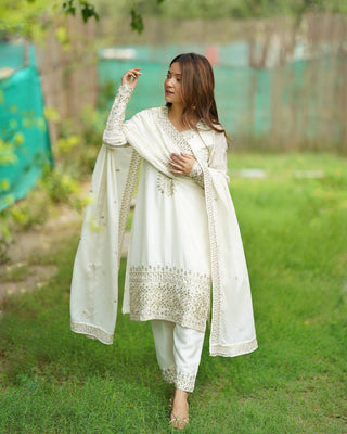 White Exquisite Pure Chinon Silk Kurta Set with Dupatta – Embroidered & Ready to Wear