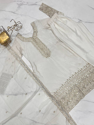 White Exquisite Pure Chinon Silk Kurta Set with Dupatta – Embroidered & Ready to Wear