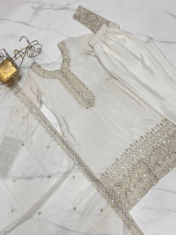 White Exquisite Pure Chinon Silk Kurta Set with Dupatta – Embroidered & Ready to Wear