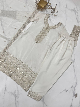 White Exquisite Pure Chinon Silk Kurta Set with Dupatta – Embroidered & Ready to Wear