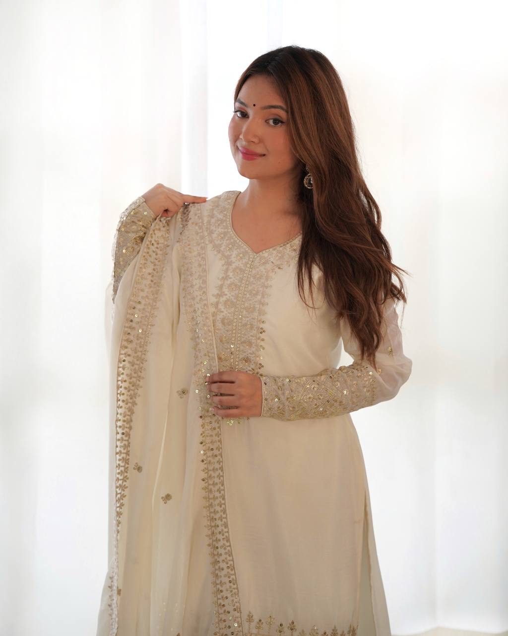 White Exquisite Pure Chinon Silk Kurta Set with Dupatta – Embroidered & Ready to Wear