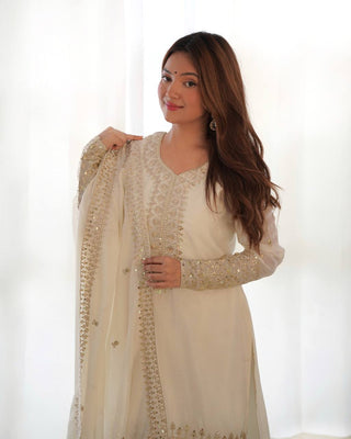 White Exquisite Pure Chinon Silk Kurta Set with Dupatta – Embroidered & Ready to Wear