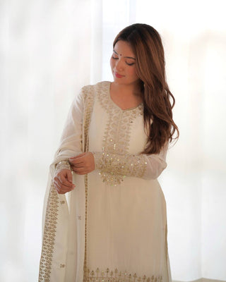White Exquisite Pure Chinon Silk Kurta Set with Dupatta – Embroidered & Ready to Wear