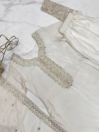White Exquisite Pure Chinon Silk Kurta Set with Dupatta – Embroidered & Ready to Wear