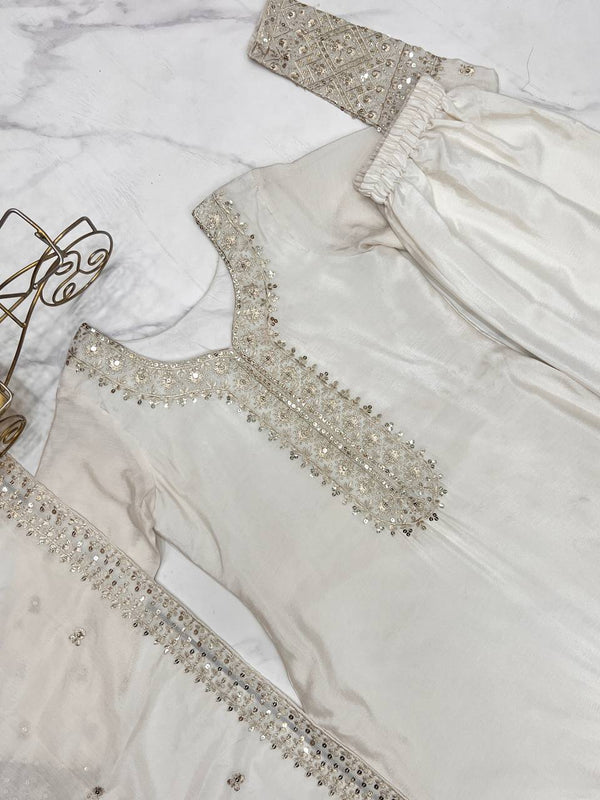 White Exquisite Pure Chinon Silk Kurta Set with Dupatta – Embroidered & Ready to Wear