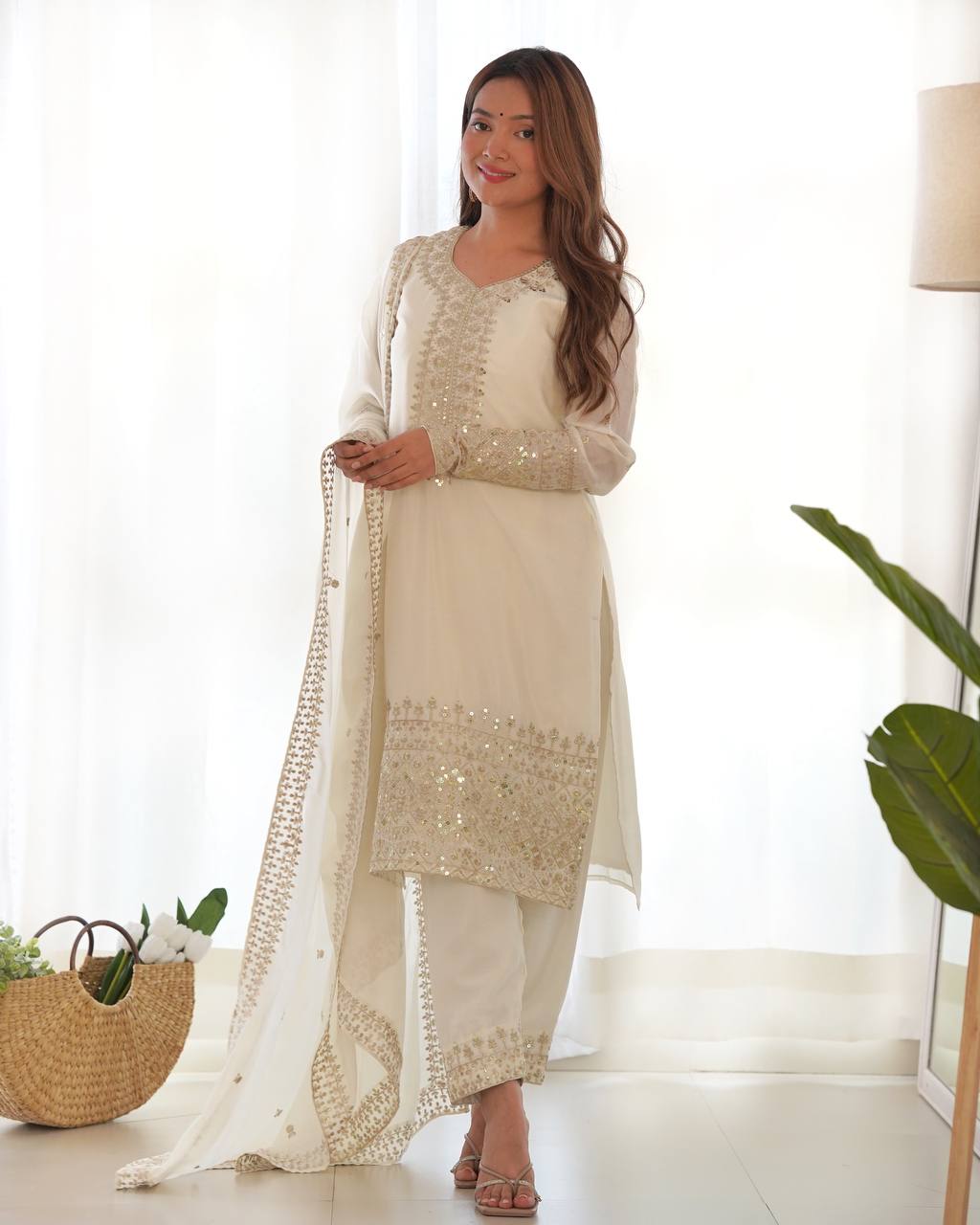 White Exquisite Pure Chinon Silk Kurta Set with Dupatta – Embroidered & Ready to Wear Secondary image