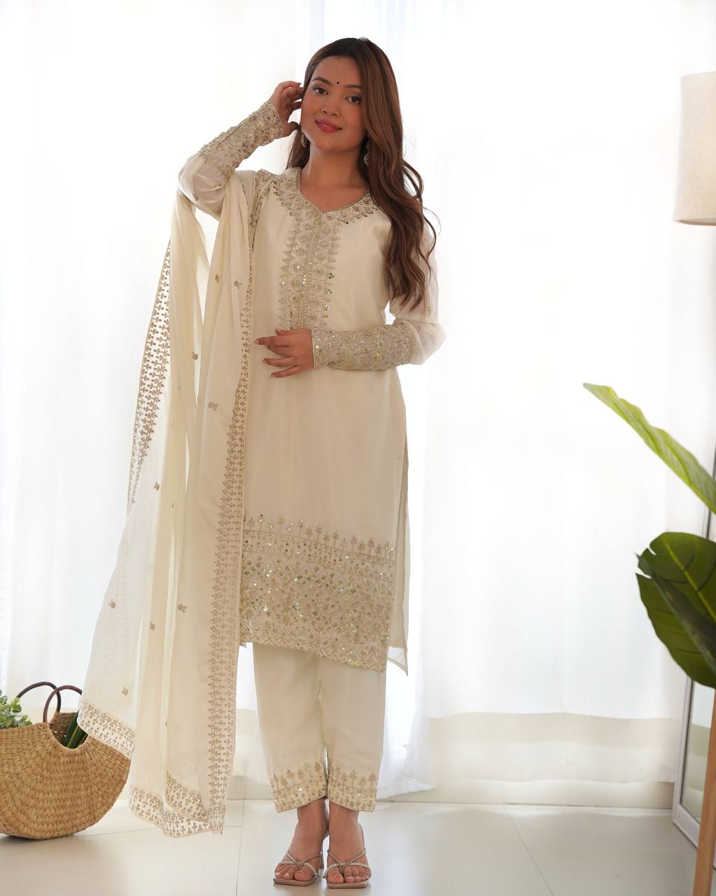 White Exquisite Pure Chinon Silk Kurta Set with Dupatta – Embroidered & Ready to Wear